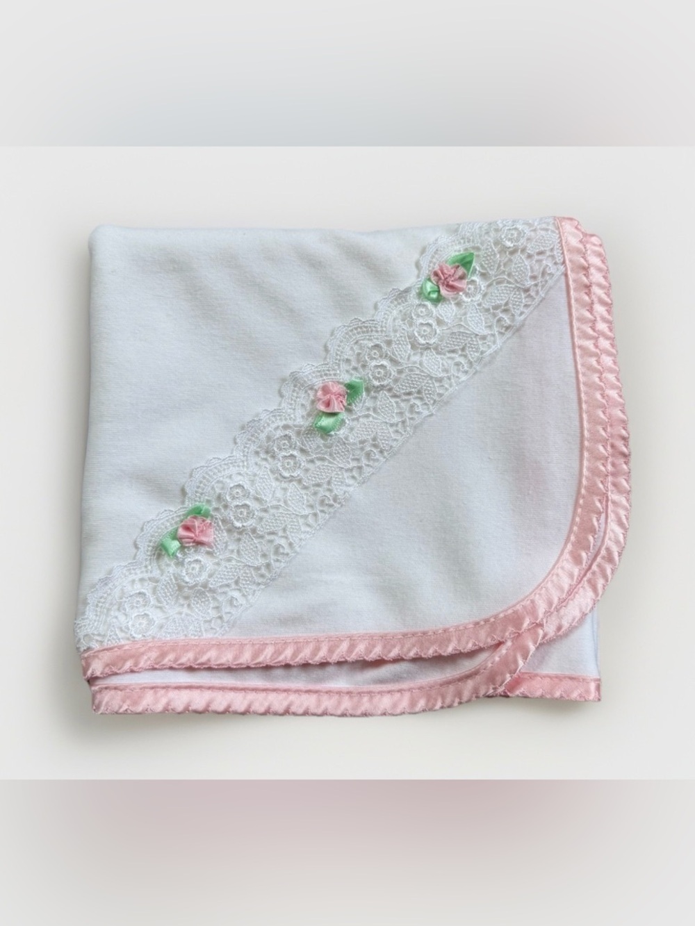 Vintage Alexis USA Baby Blanket White Pink Eyelet Lace Ruffle Cotton Shabby Chic